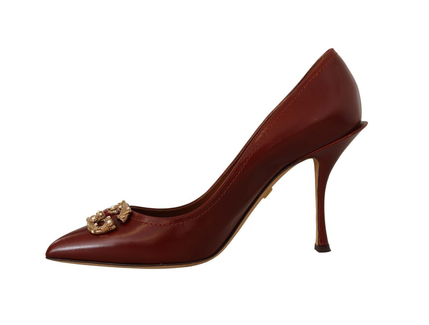 Dolce & Gabbana Elegant Brown Leather Heels with Gold Accents