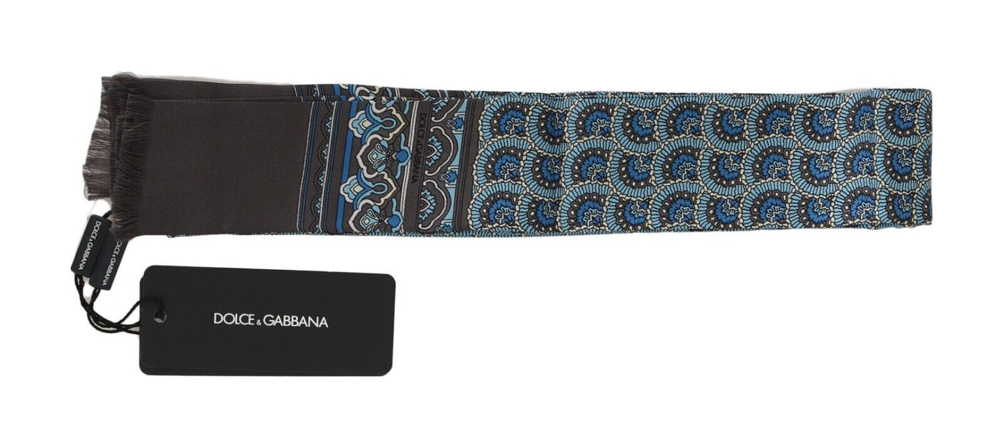 Dolce & Gabbana Blue Patterned Silk Slim Wrap Fringes Scarf