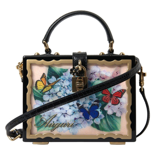 Dolce & Gabbana Elegant Floral Wood-Leather Box Bag with Gold Accents