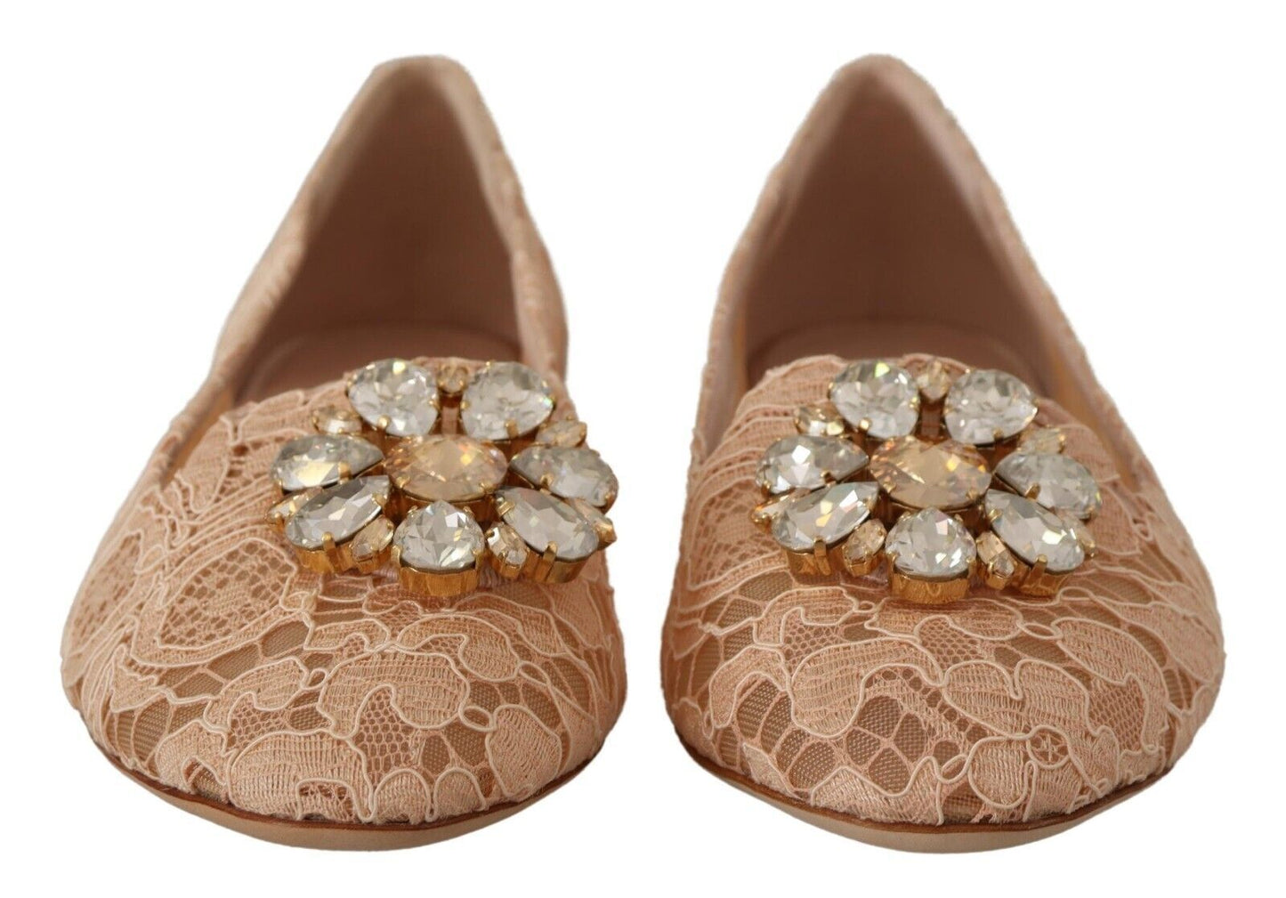 Dolce & Gabbana Elegant Beige Lace Ballet Flats with Crystal Buckle