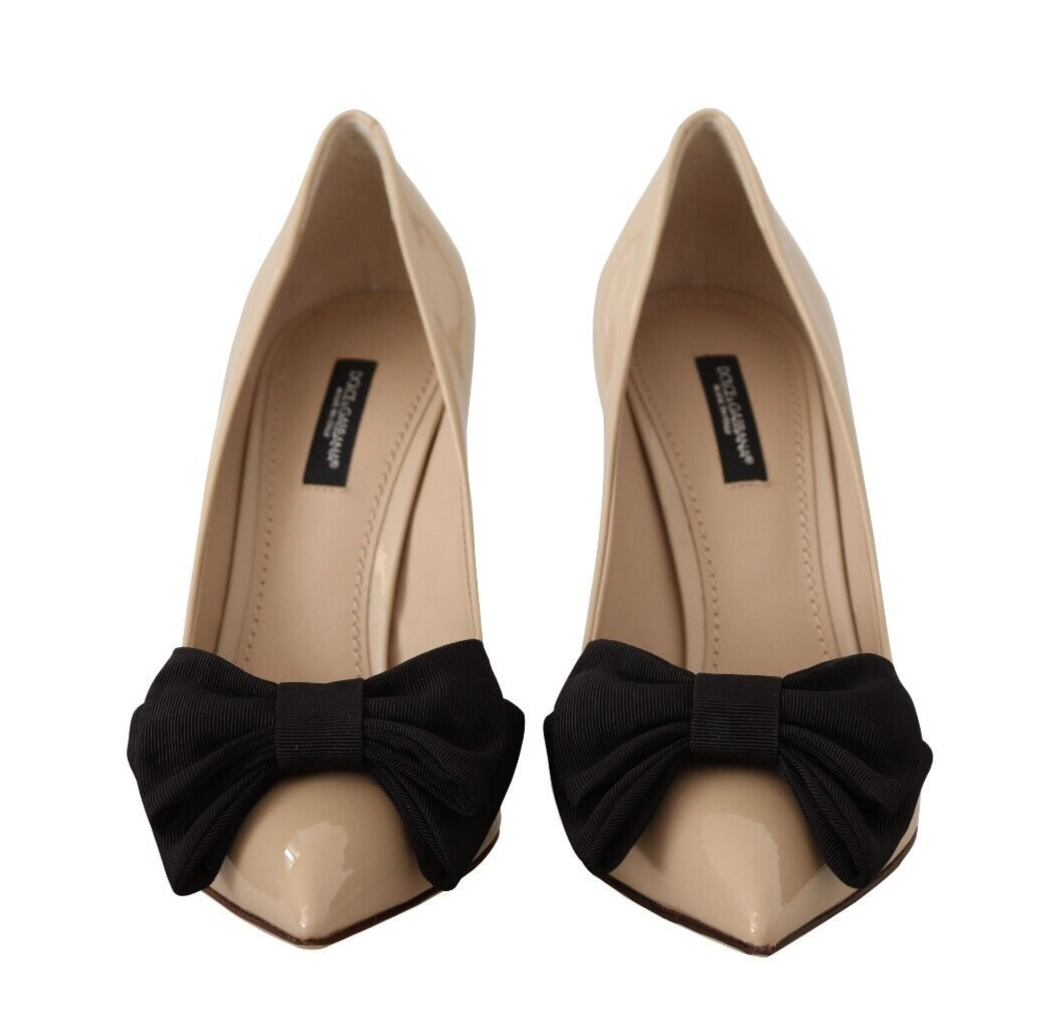 Dolce & Gabbana Beige Patent Leather Pumps with Black Bow