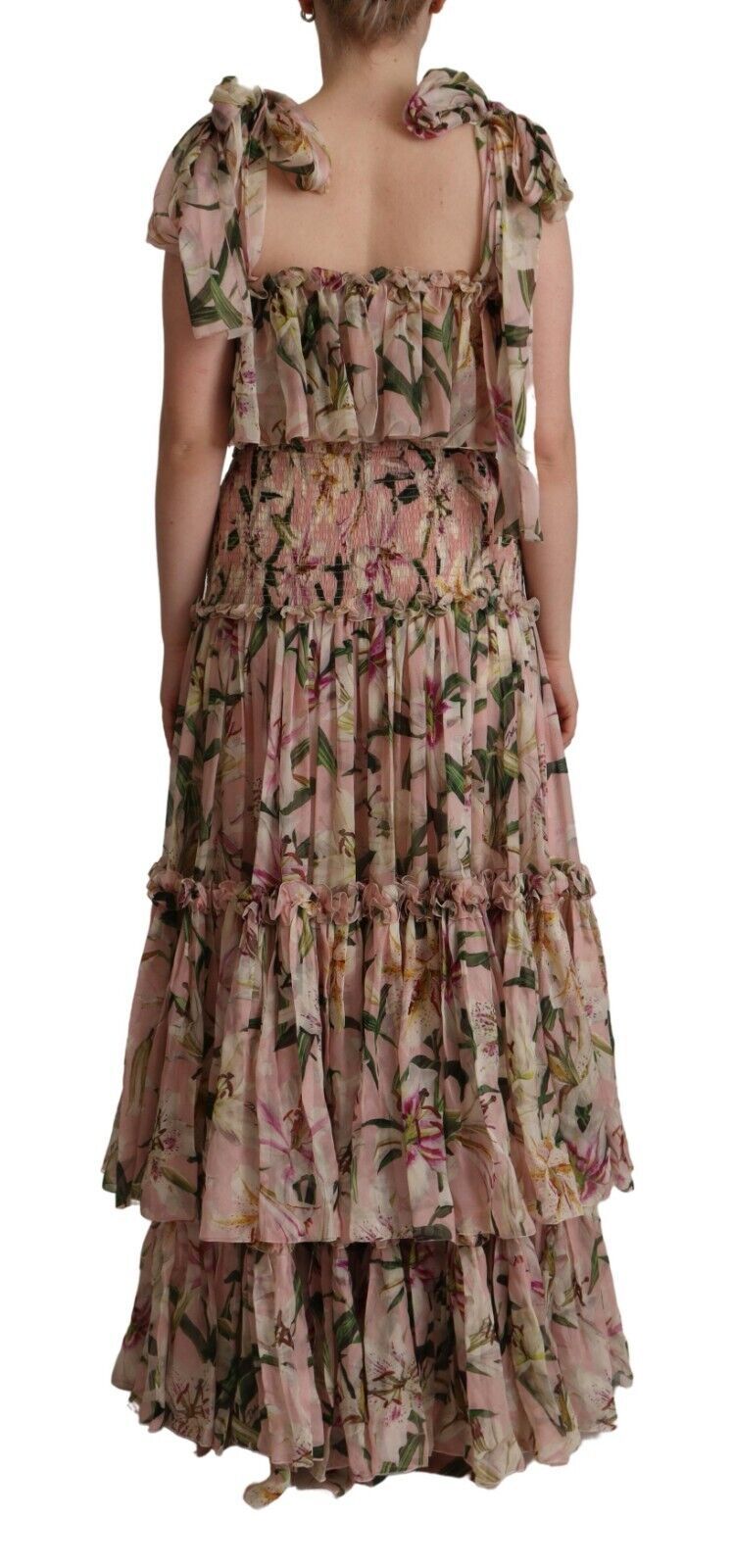 Dolce & Gabbana Elegant Pink Floral Ruched Silk Long Dress