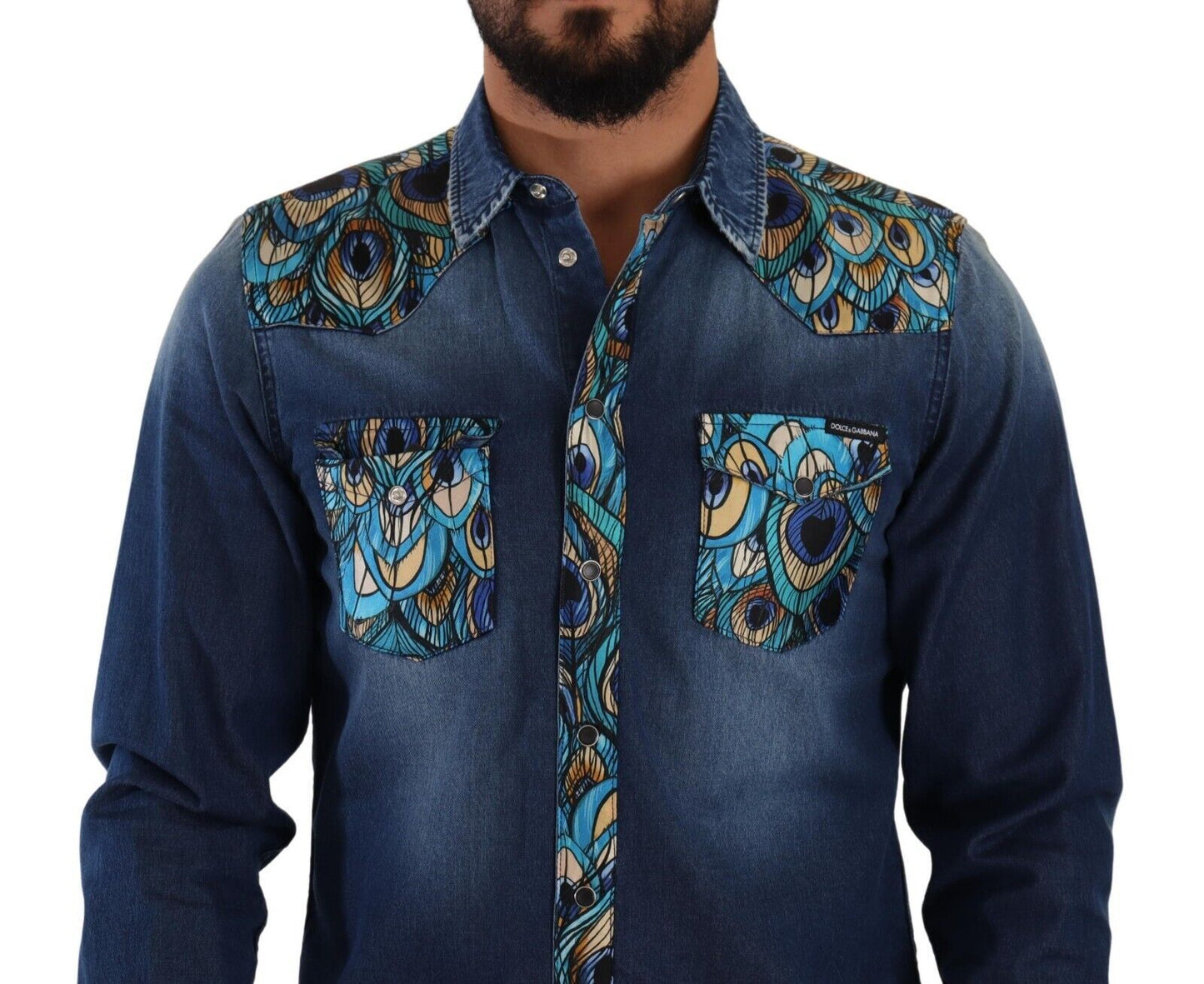 Dolce & Gabbana Peacock Print Cotton Denim Button-Down Shirt