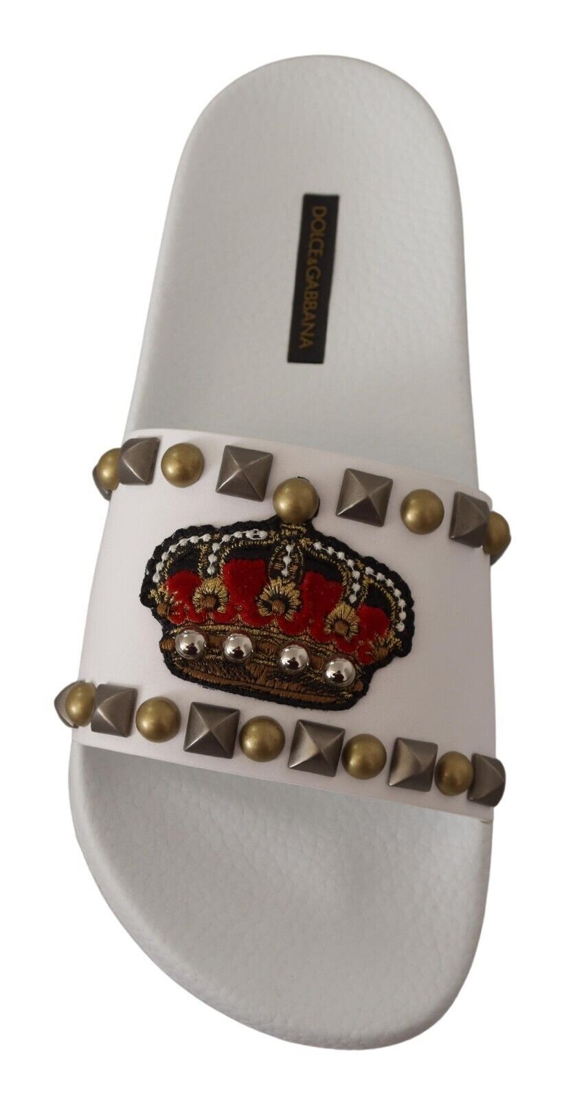 Dolce & Gabbana Regal White Leather Slides with Crown Patch