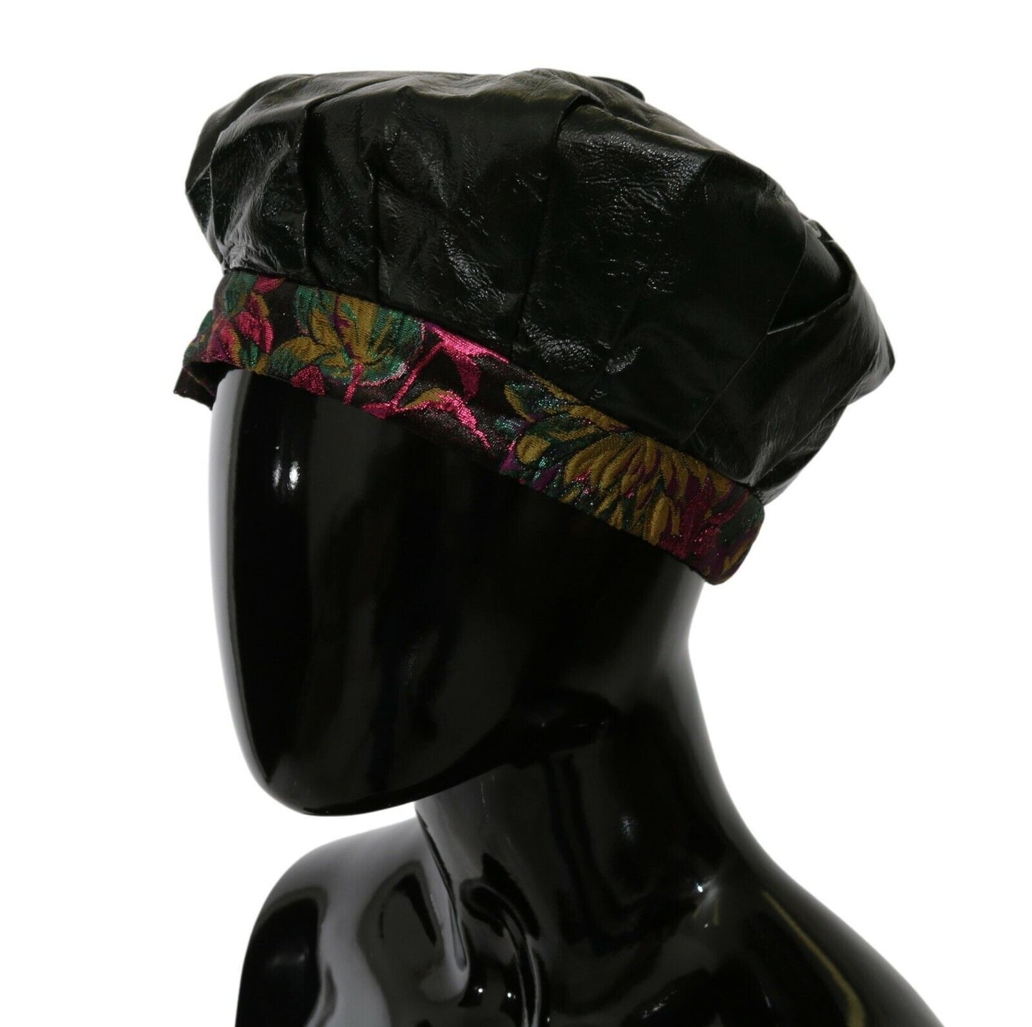 Dolce & Gabbana Black Lamb Leather Floral Print Beret Hat