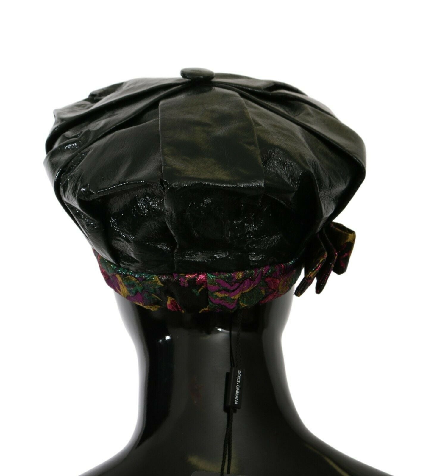 Dolce & Gabbana Black Lamb Leather Floral Print Beret Hat