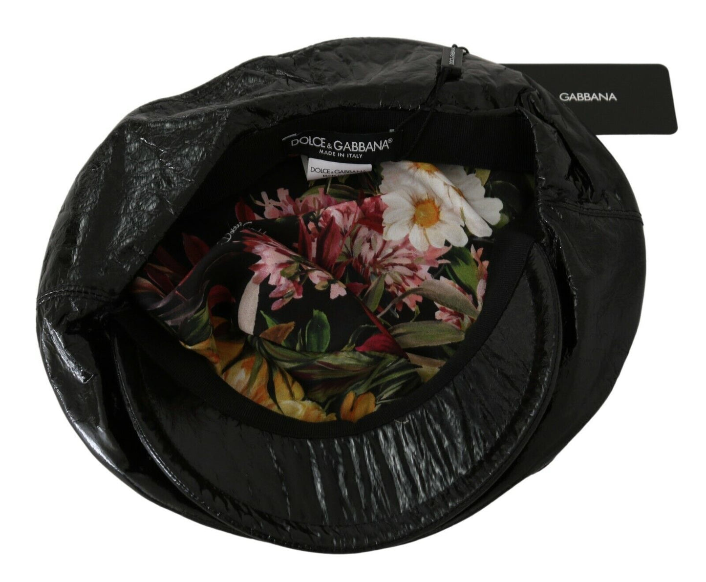 Dolce & Gabbana Elegant Floral-Lined Bucket Cap in Smooth Black Leather