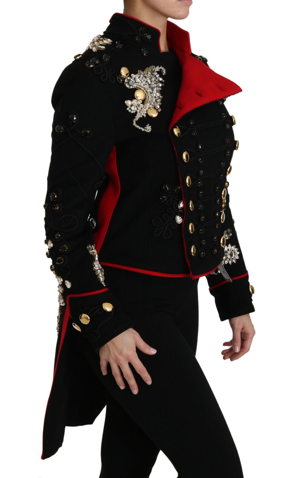 Dolce & Gabbana Black Wool Crystal Baroque Coat Jacket