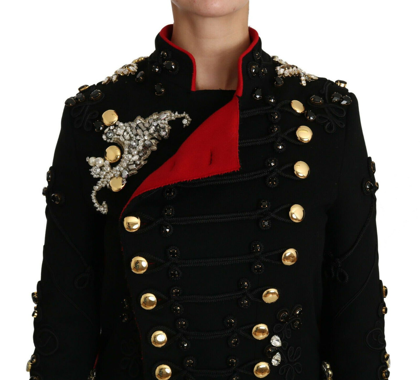 Dolce & Gabbana Black Wool Crystal Baroque Coat Jacket