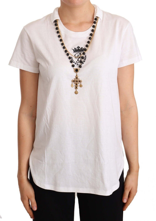 Dolce & Gabbana Elegant Short-Sleeved Tee with Gold Cross Pendant