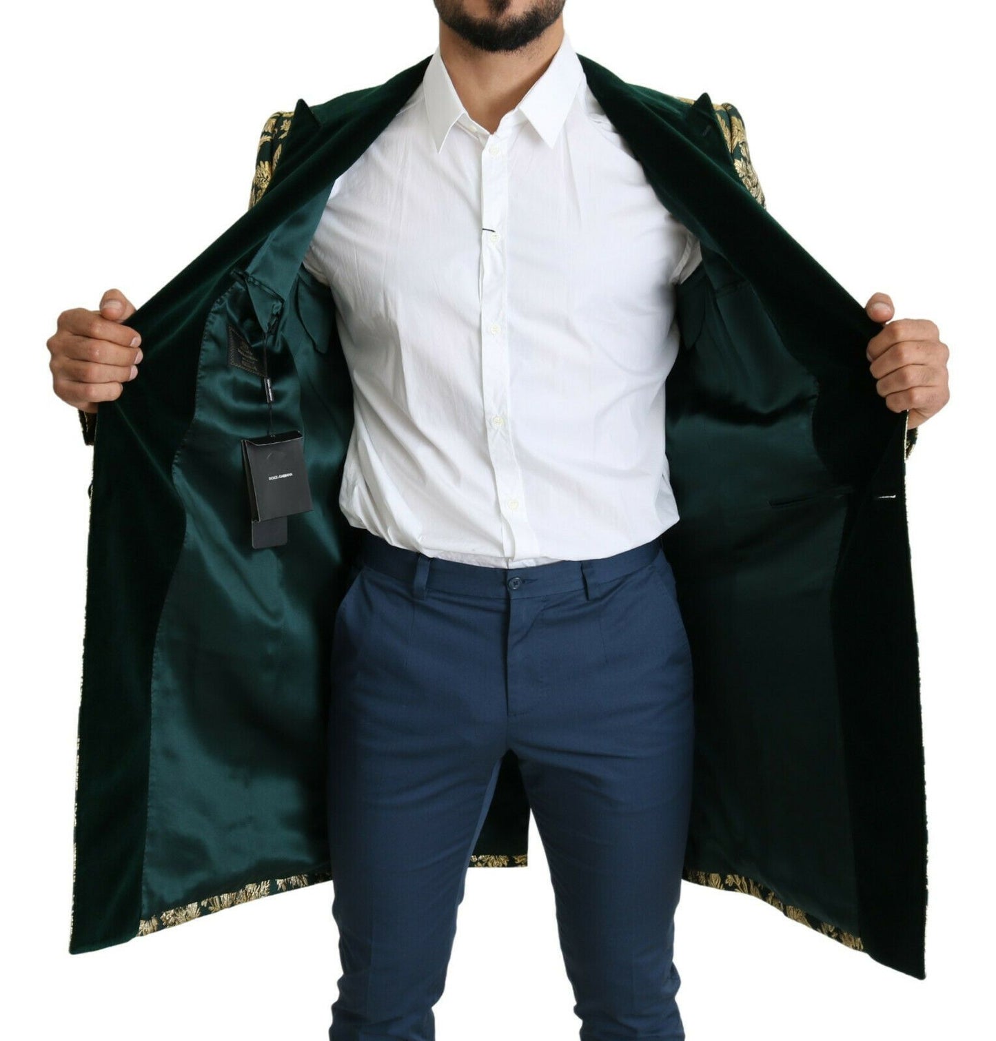 Dolce & Gabbana DOLCE & GABBANA Jacket SICILIA Green Gold Jacquard Long Coat