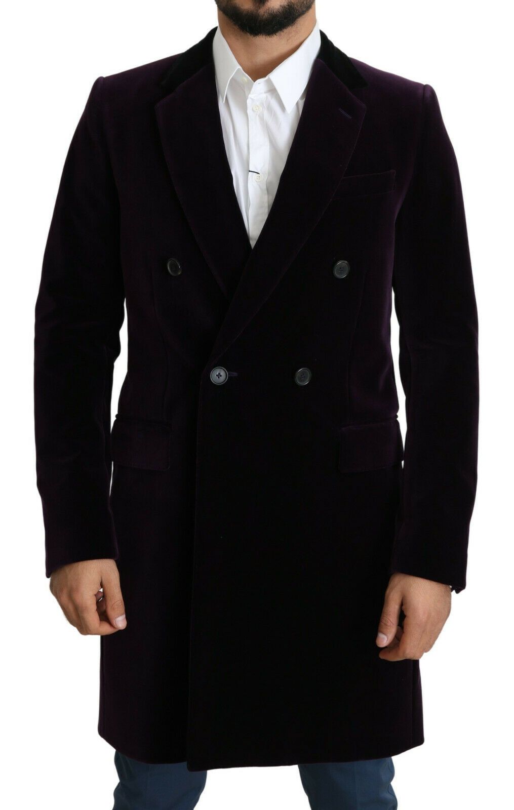 Dolce & Gabbana Purple Velvet Double Breasted Long Coat Jacket