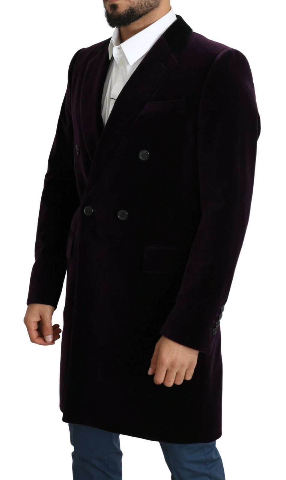 Dolce & Gabbana Purple Velvet Double Breasted Long Coat Jacket