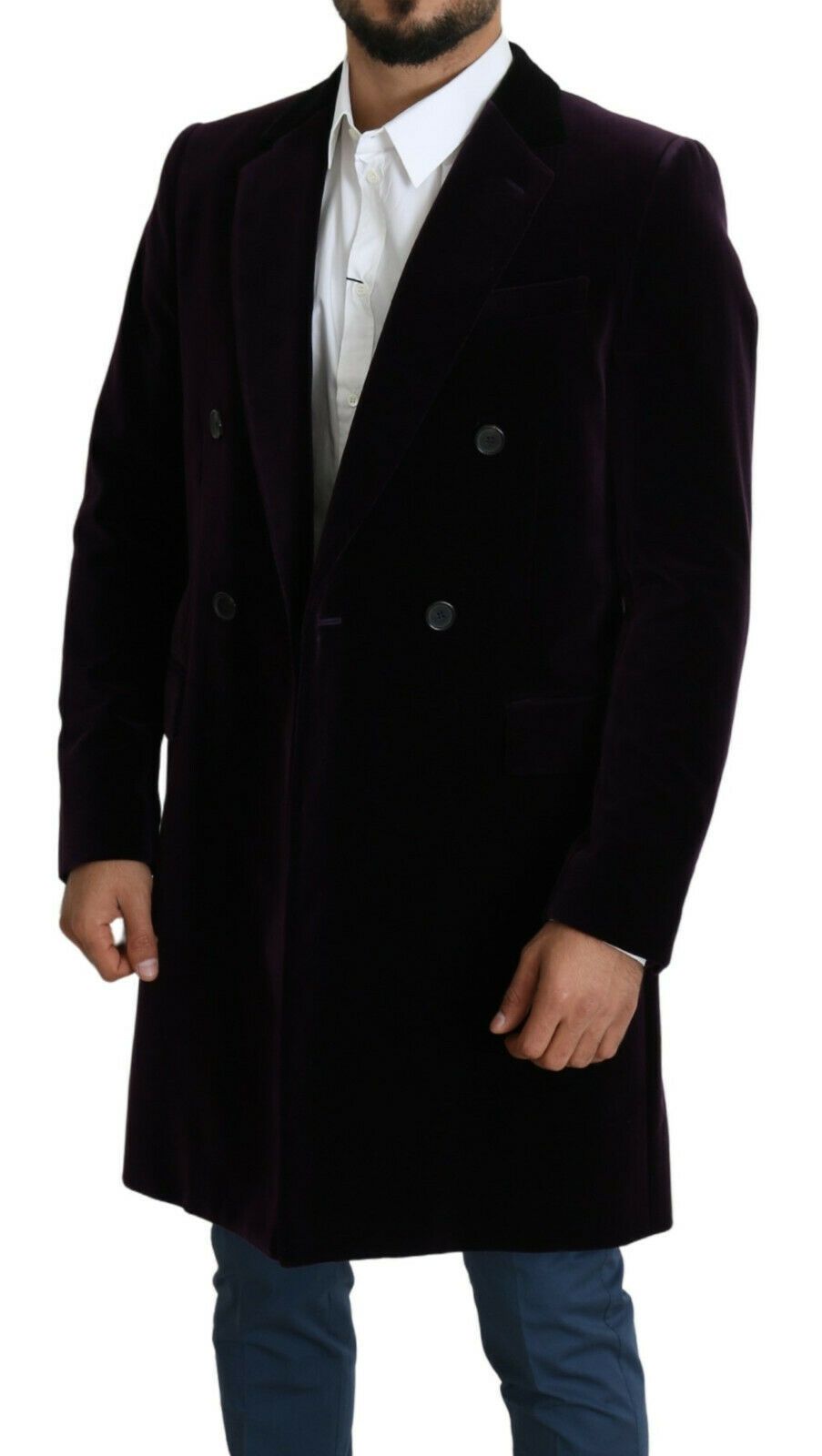 Dolce & Gabbana Purple Velvet Double Breasted Long Coat Jacket