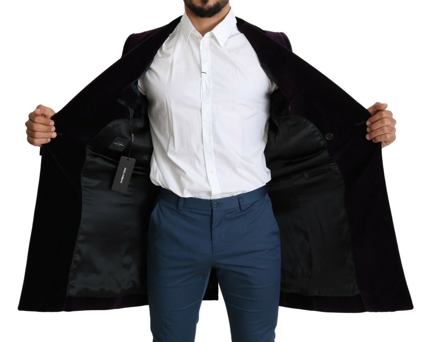 Dolce & Gabbana Purple Velvet Double Breasted Long Coat Jacket