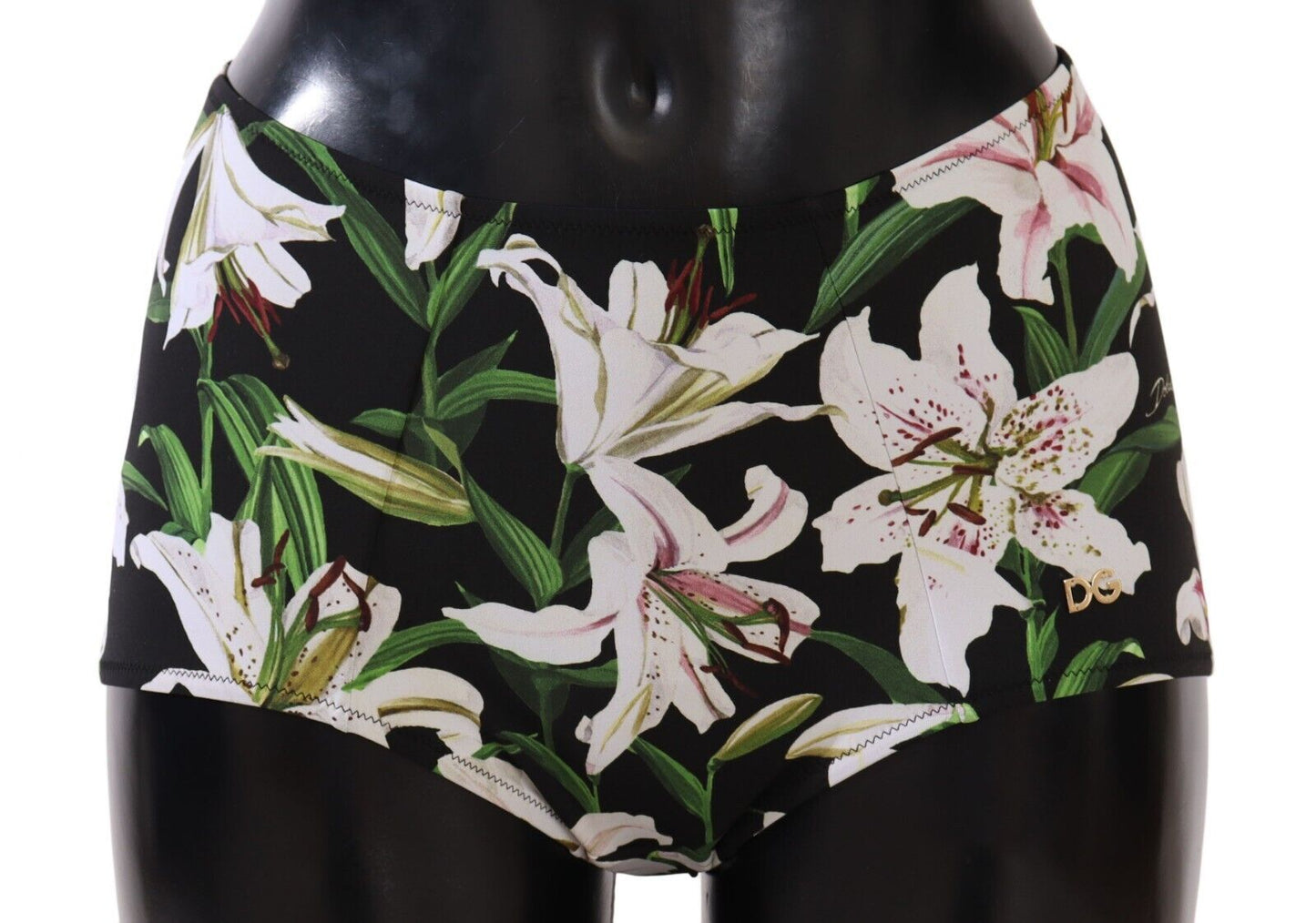 Dolce & Gabbana Black Lilies Print High Waist Bikini Bottom