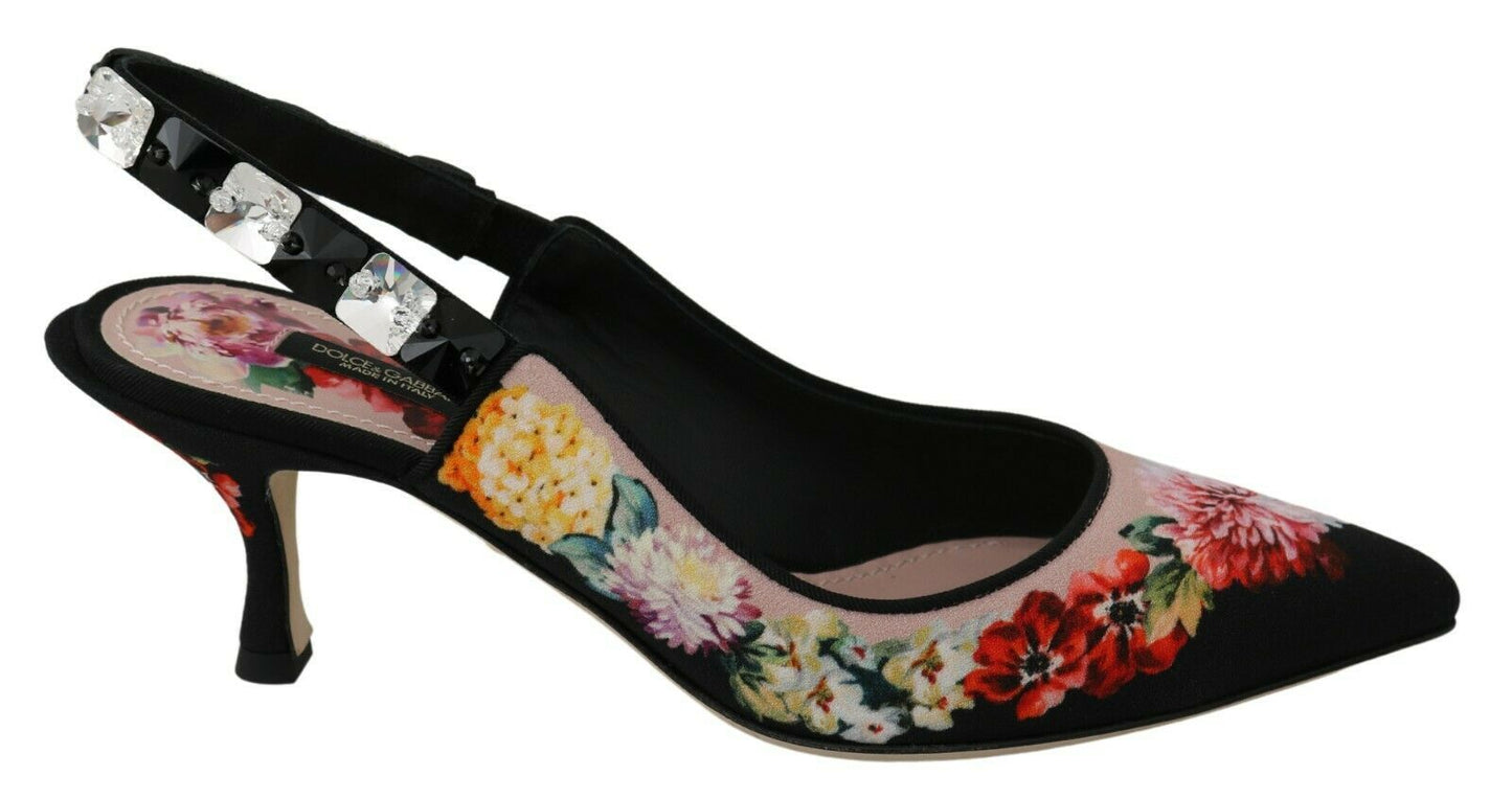 Dolce & Gabbana Elegant Floral Slingback Heels with Crystal Embellishments