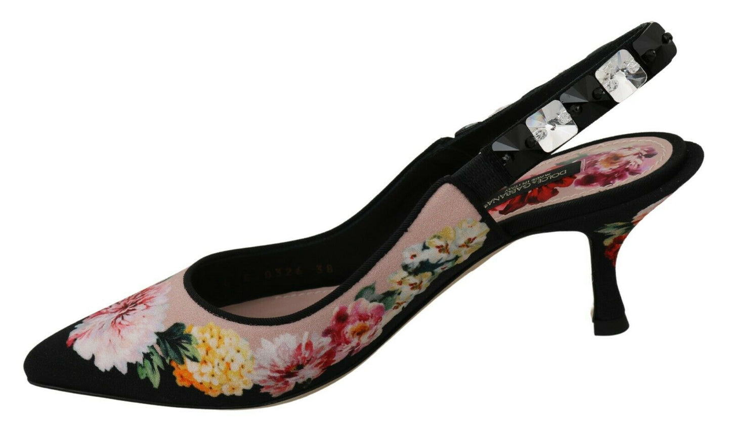 Dolce & Gabbana Elegant Floral Slingback Heels with Crystal Embellishments