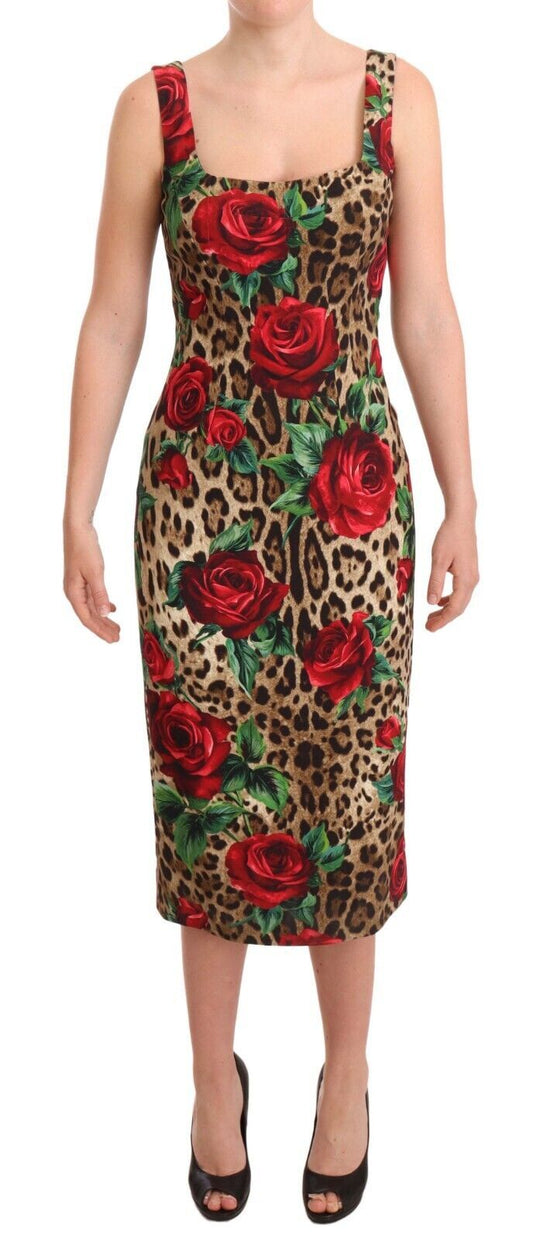 Dolce & Gabbana Elegant Leopard Print Sheath Dress with Red Roses