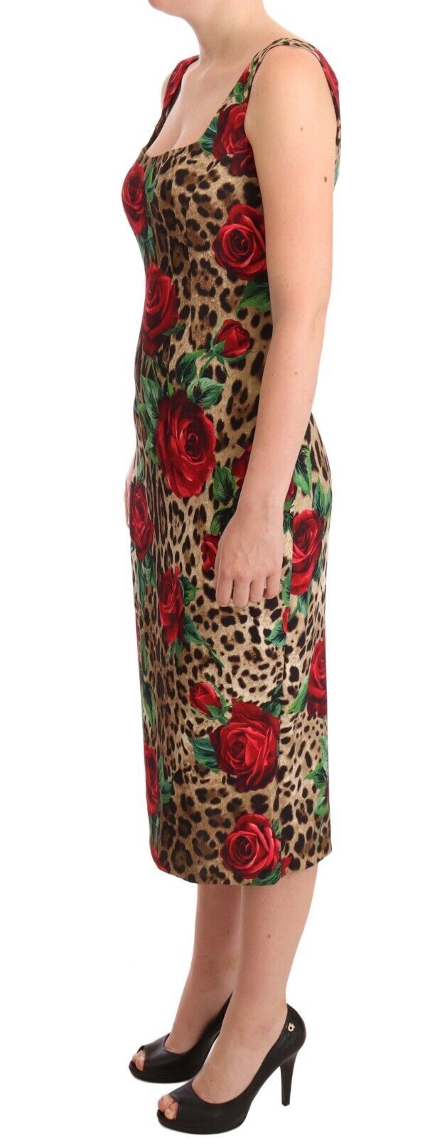 Dolce & Gabbana Elegant Leopard Print Sheath Dress with Red Roses