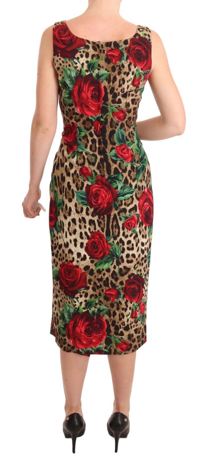 Dolce & Gabbana Elegant Leopard Print Sheath Dress with Red Roses