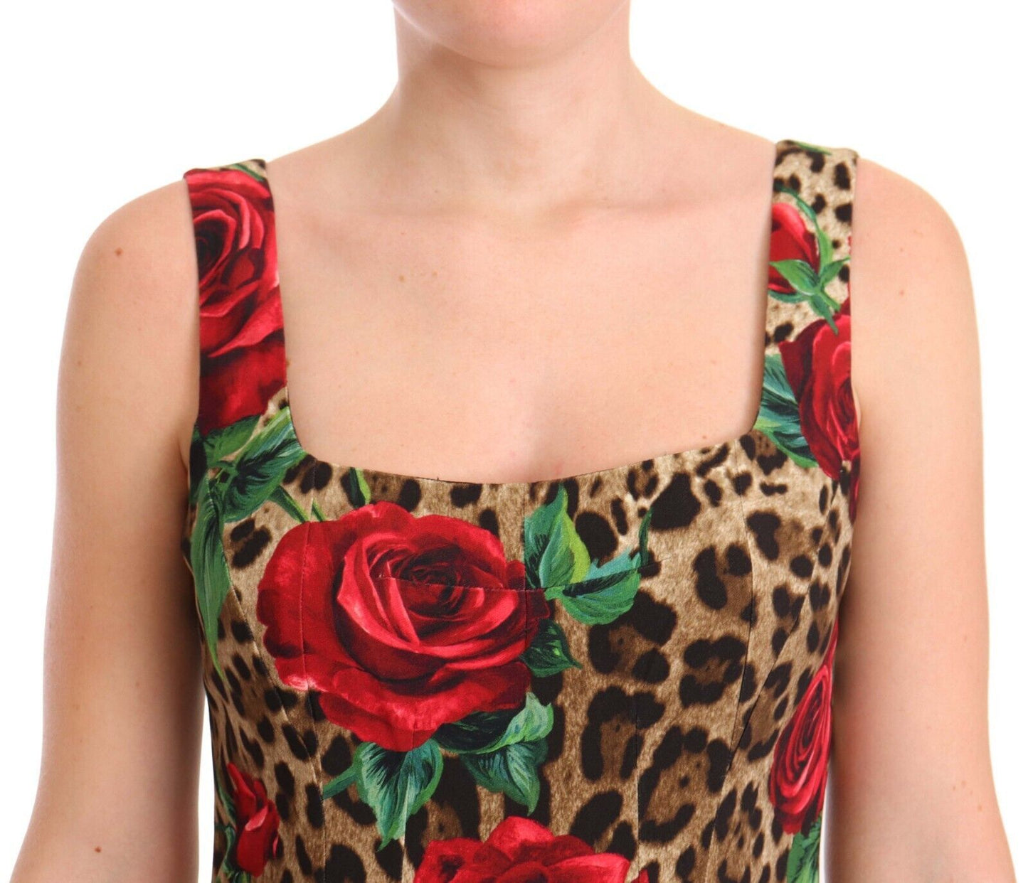 Dolce & Gabbana Elegant Leopard Print Sheath Dress with Red Roses