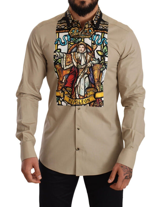 Dolce & Gabbana Elegant Beige Tuxedo Shirt with Unique Napoleon Print