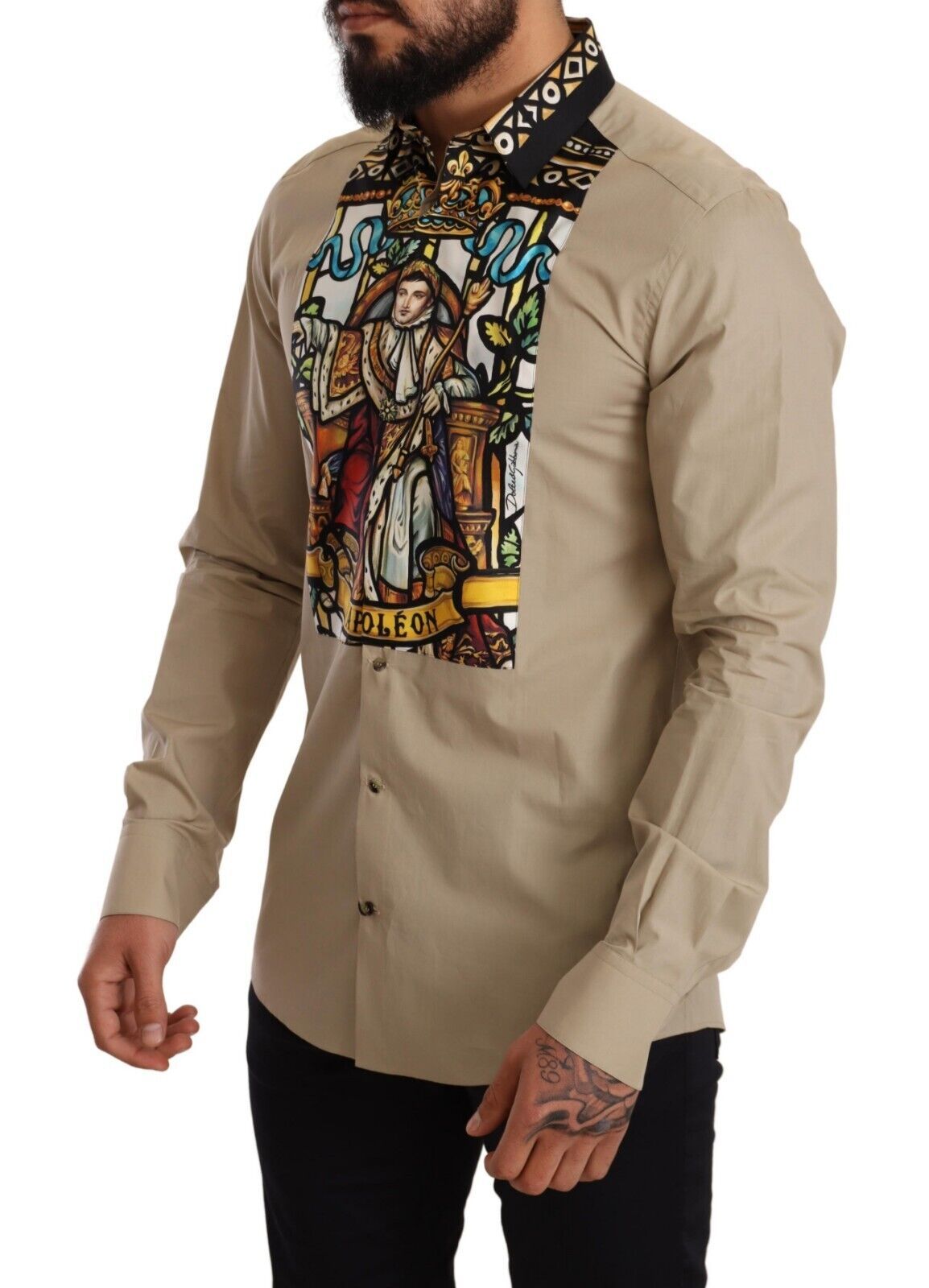 Dolce & Gabbana Elegant Beige Tuxedo Shirt with Unique Napoleon Print