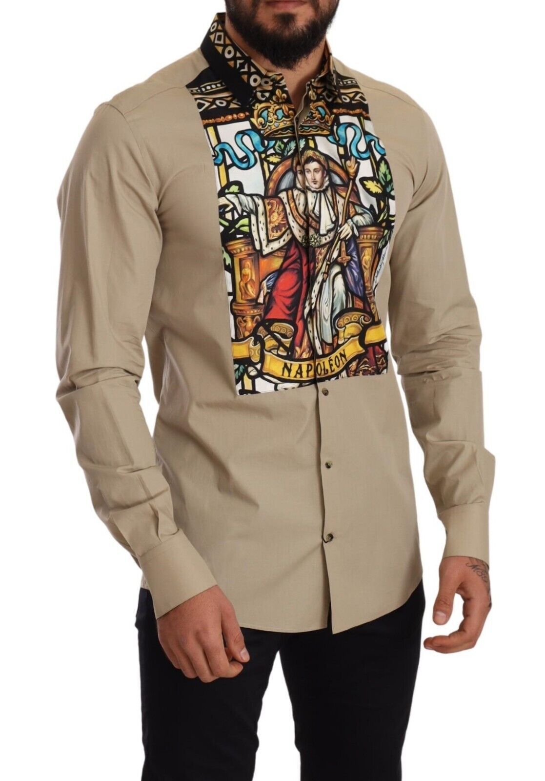 Dolce & Gabbana Elegant Beige Tuxedo Shirt with Unique Napoleon Print