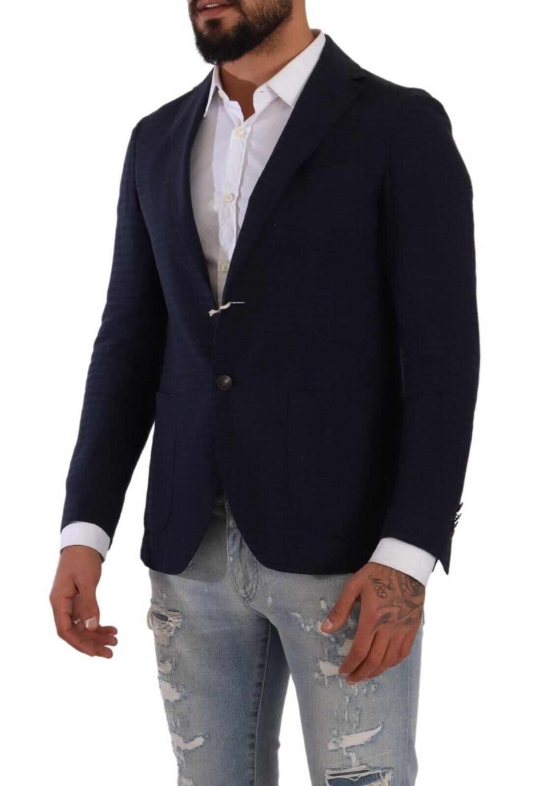 FRADI Slim Fit Notch Lapel Blazer in Dark Blue