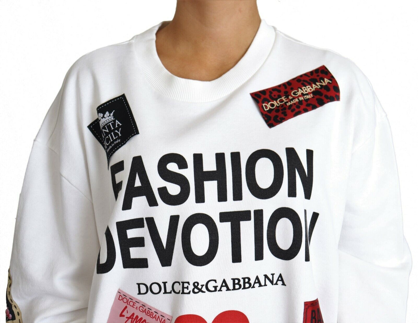 Dolce & Gabbana Fashion Devotion White Pullover with Patch Accents