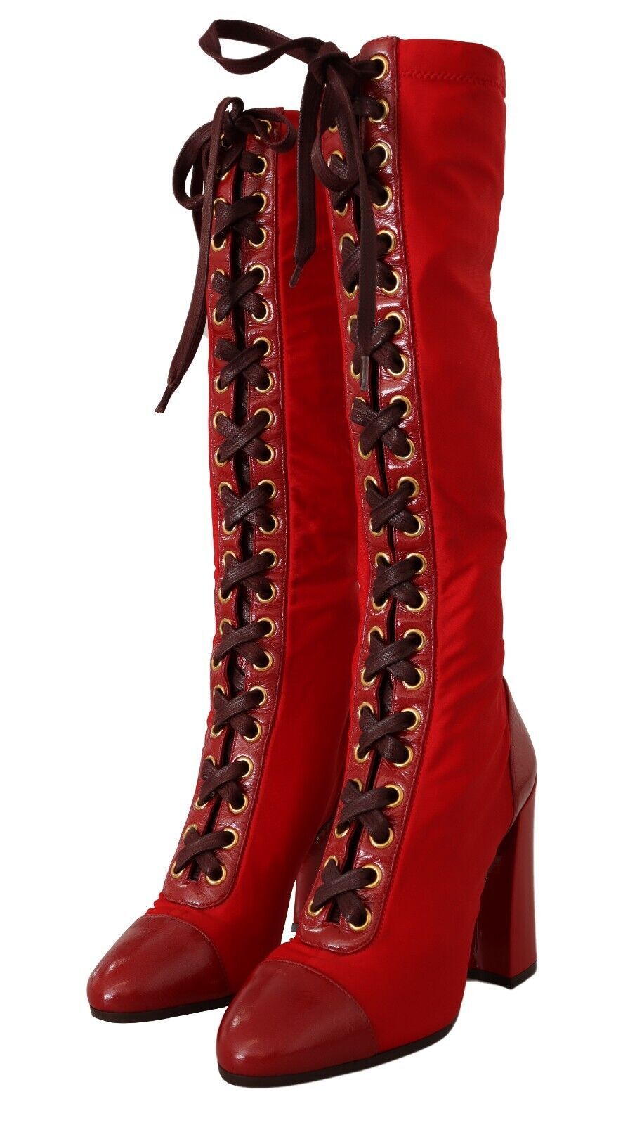 Dolce & Gabbana Red Lace-Up Knee High Leather Boots