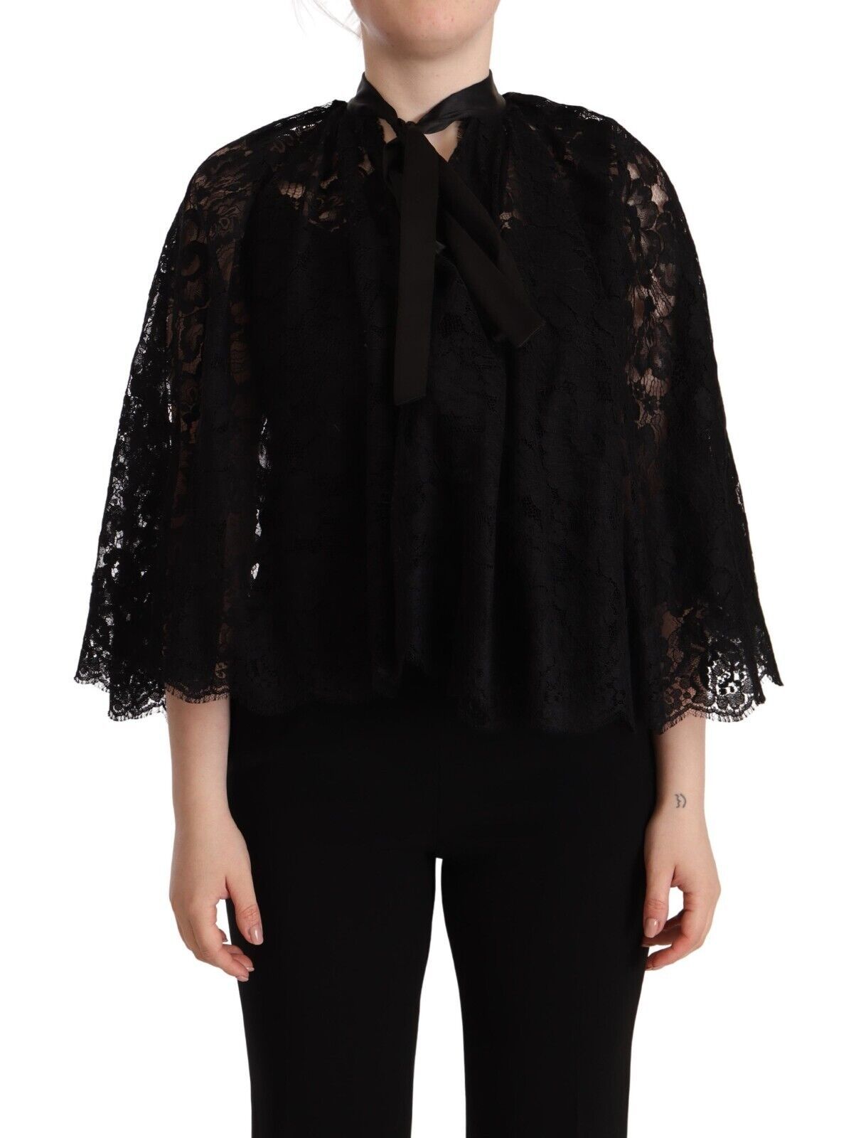 Dolce & Gabbana Black Floral Lace Shoulder Wrap Sweater