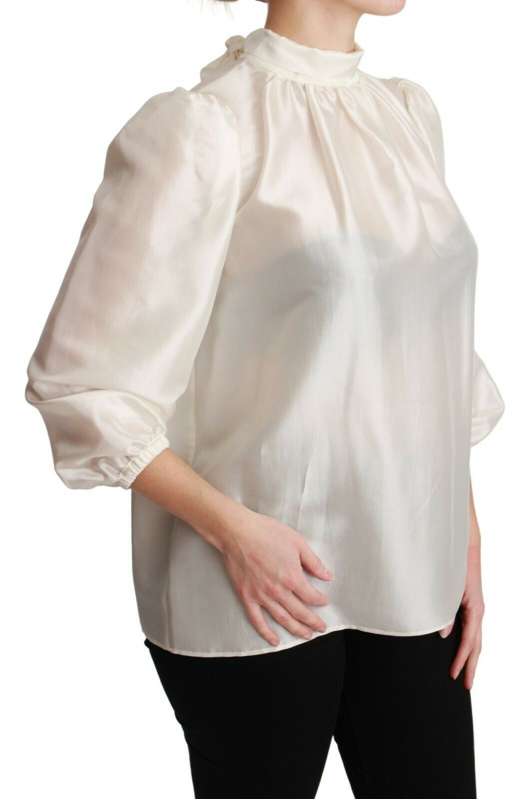 Dolce & Gabbana White Silk Neck Scarf Bow Blouse Shirt