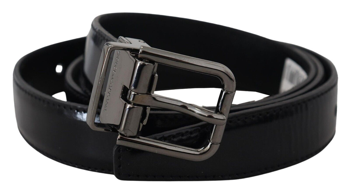 Dolce & Gabbana Black Leather Silver Tone Metal Buckle Men Belt