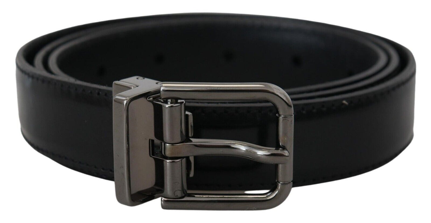 Dolce & Gabbana Black Leather Silver Tone Metal Buckle Men Belt