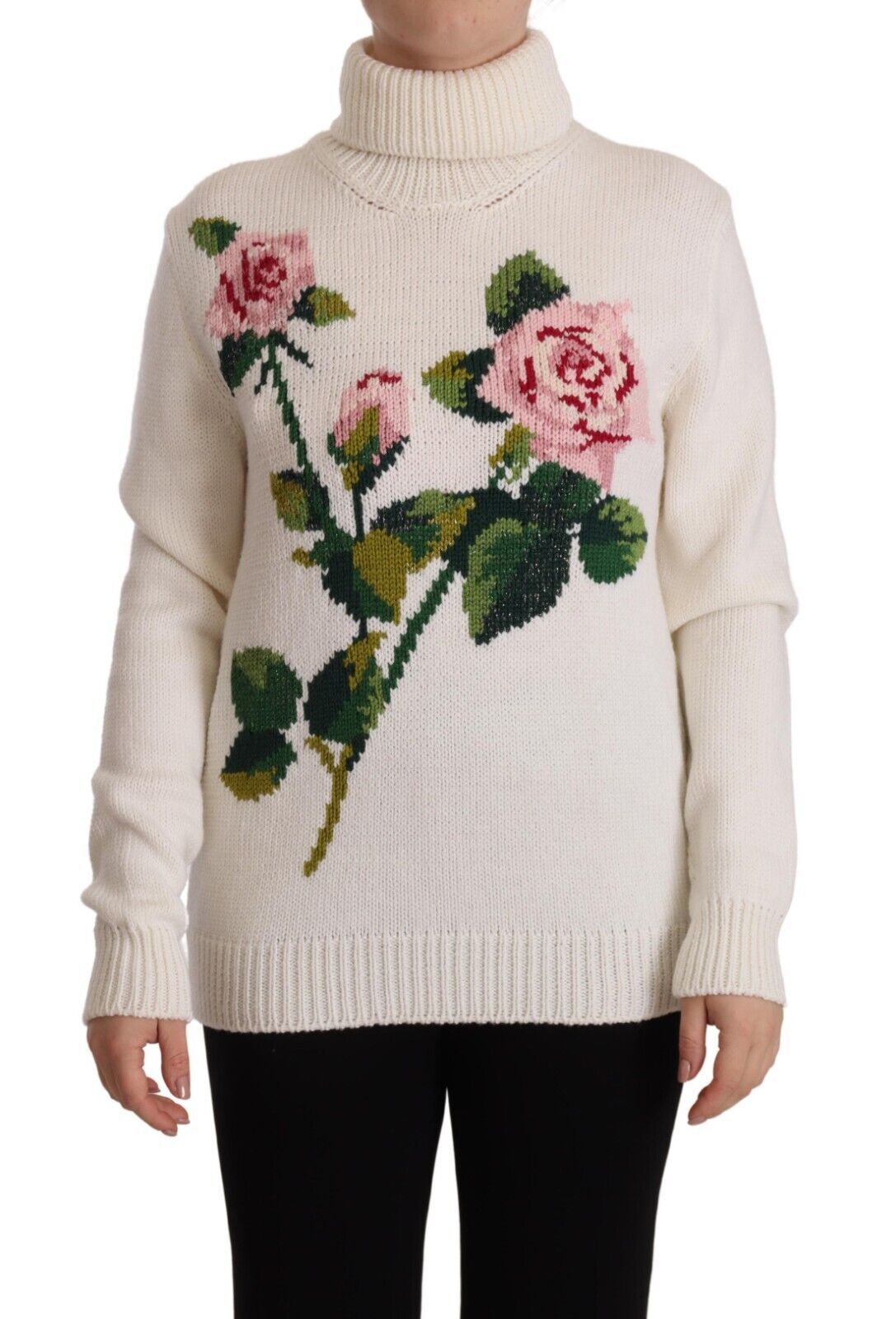 Dolce & Gabbana White Floral Knitted Turtle Neck Pullover Sweater