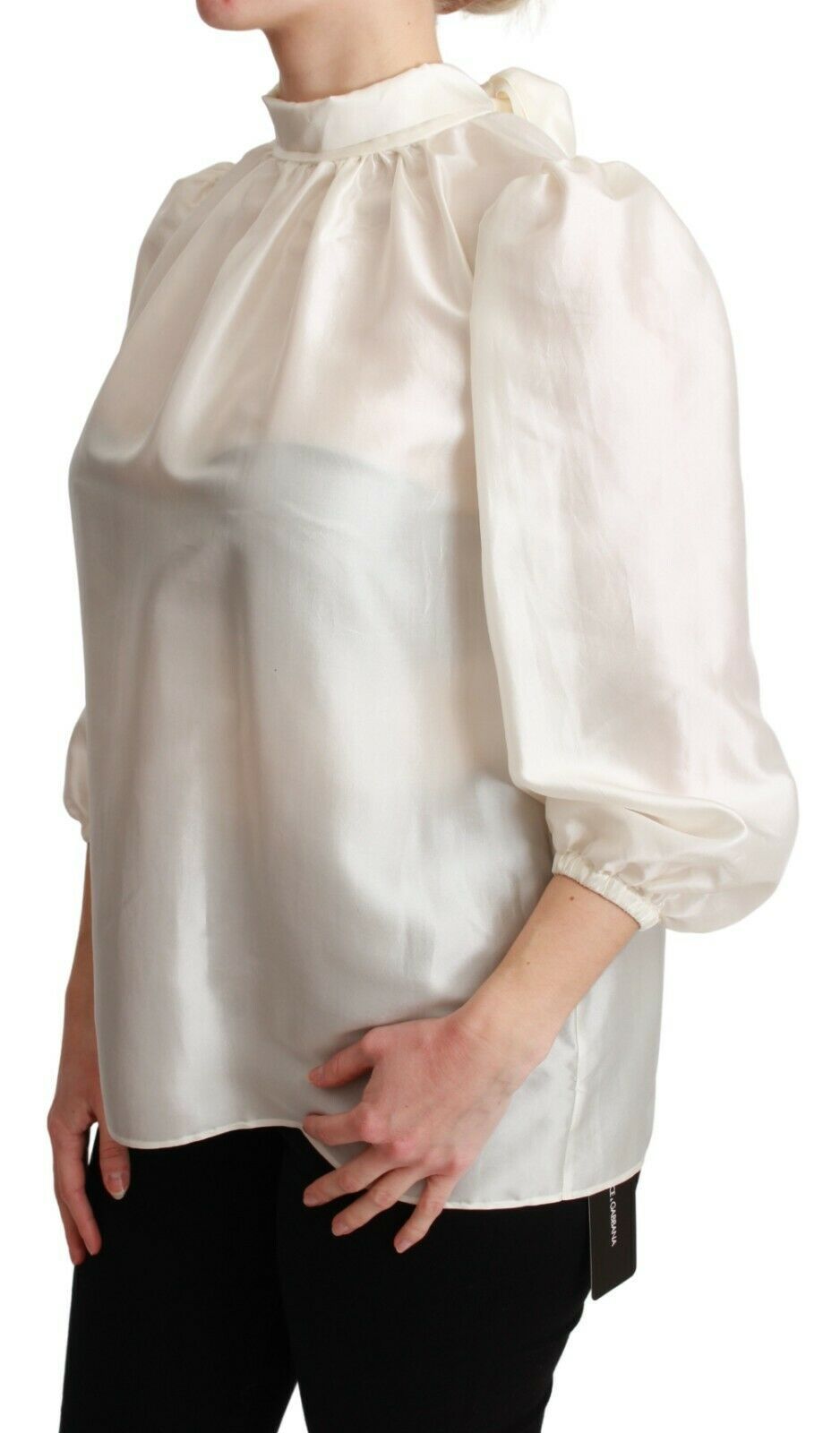 Dolce & Gabbana White Silk Neck Scarf Bow Blouse Shirt