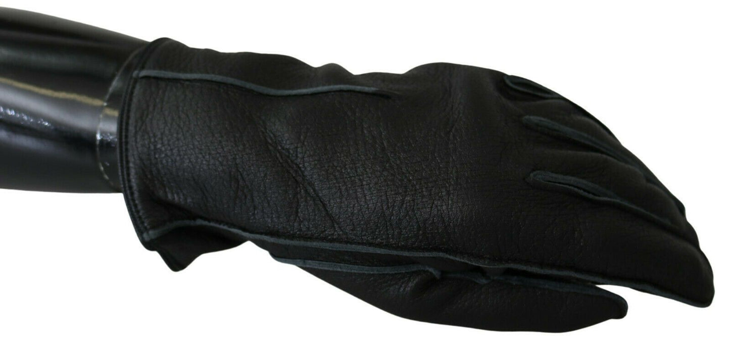 Dolce & Gabbana Black Leather Deer Skin Biker Mitten Gloves