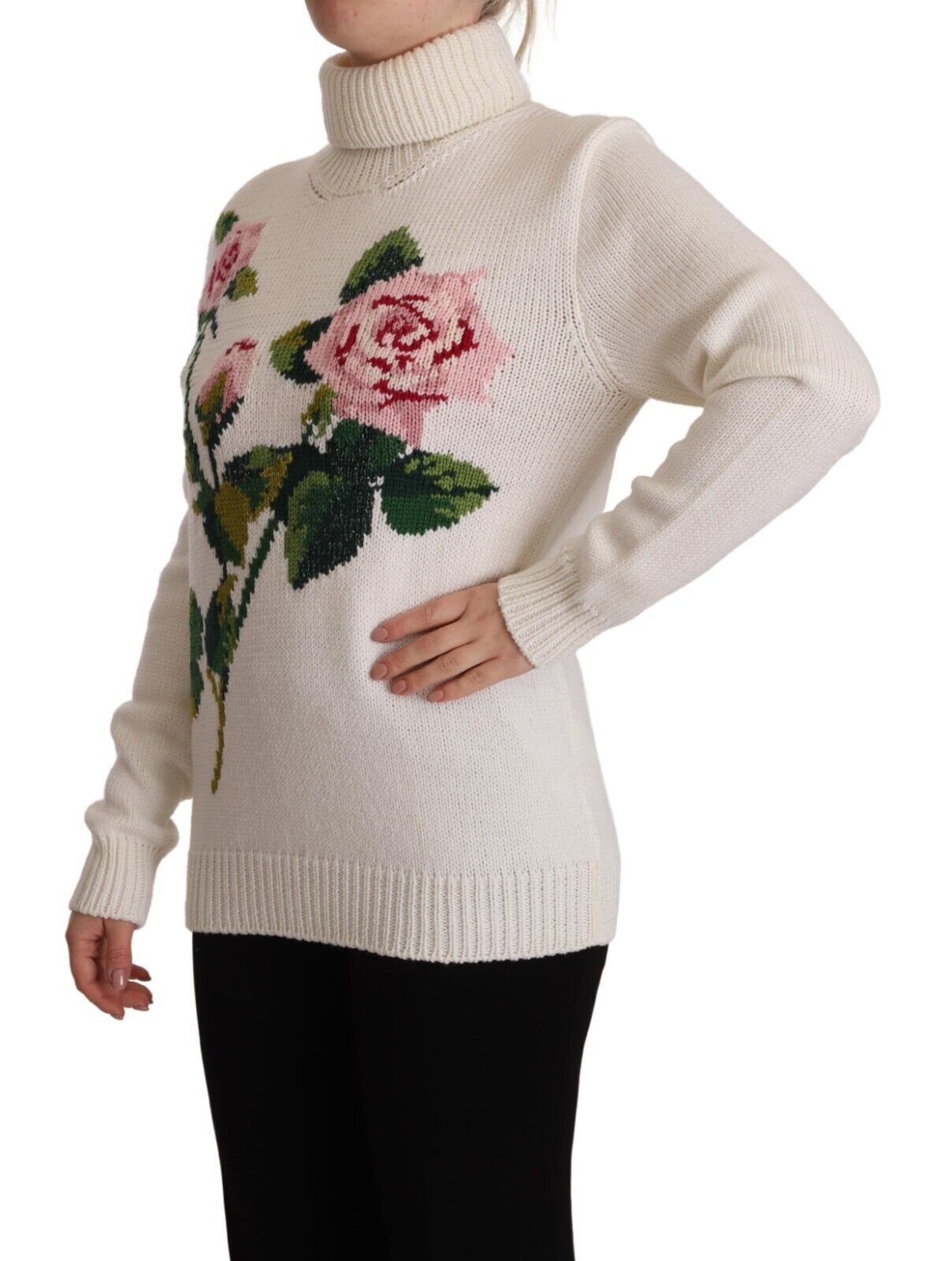 Dolce & Gabbana White Floral Knitted Turtle Neck Pullover Sweater