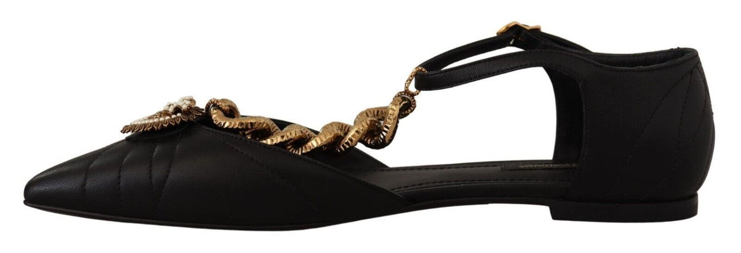 Dolce & Gabbana Elegant Gold Chain T-Strap Flat Sandals