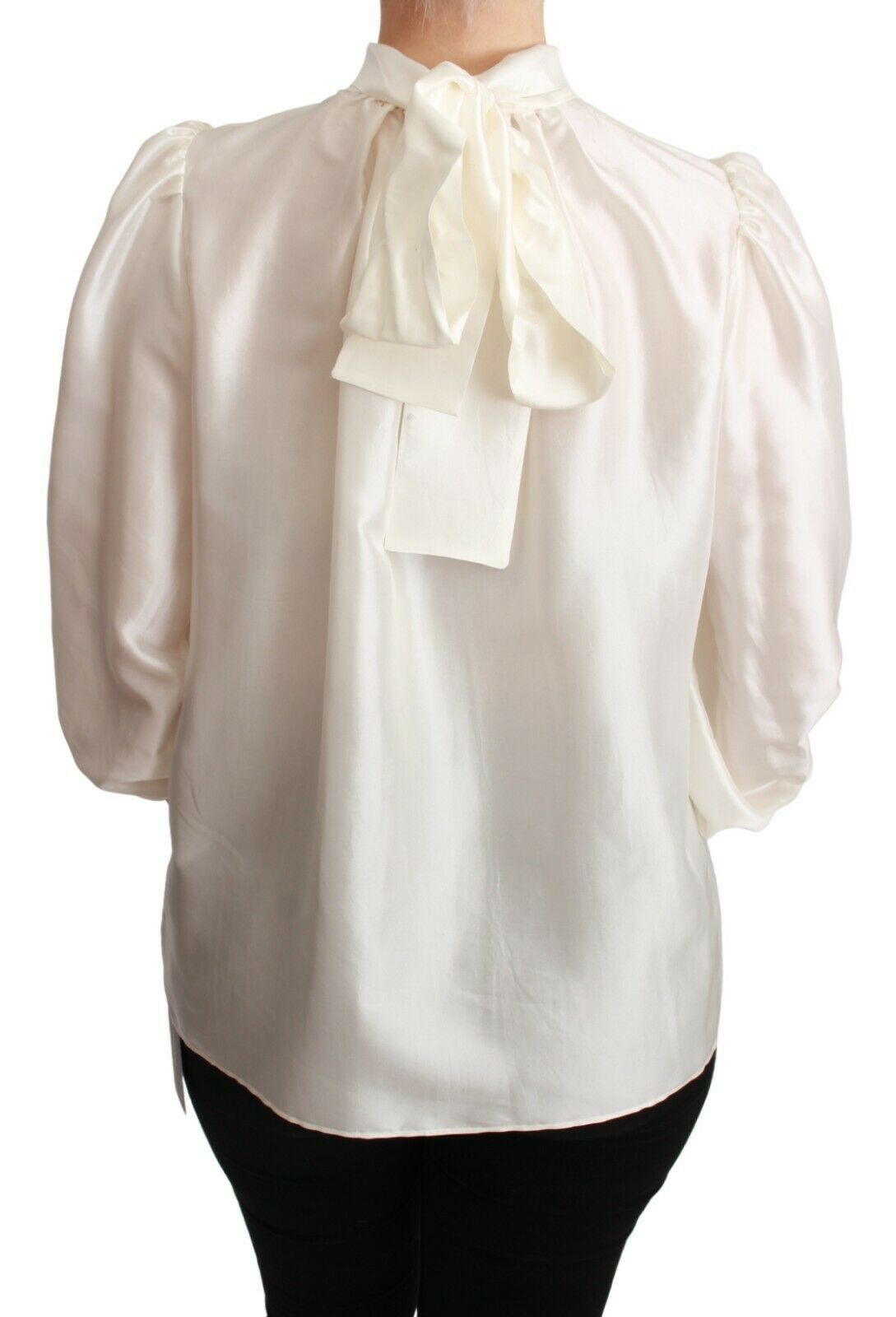 Dolce & Gabbana White Silk Neck Scarf Bow Blouse Shirt