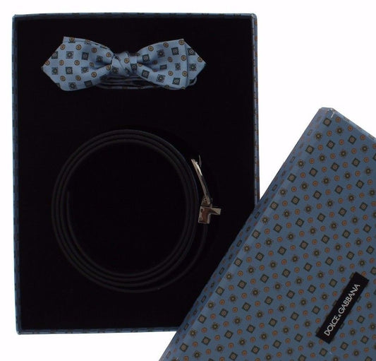 Dolce & Gabbana Exquisite Blue Baroque Silk Tie & Leather Belt Set