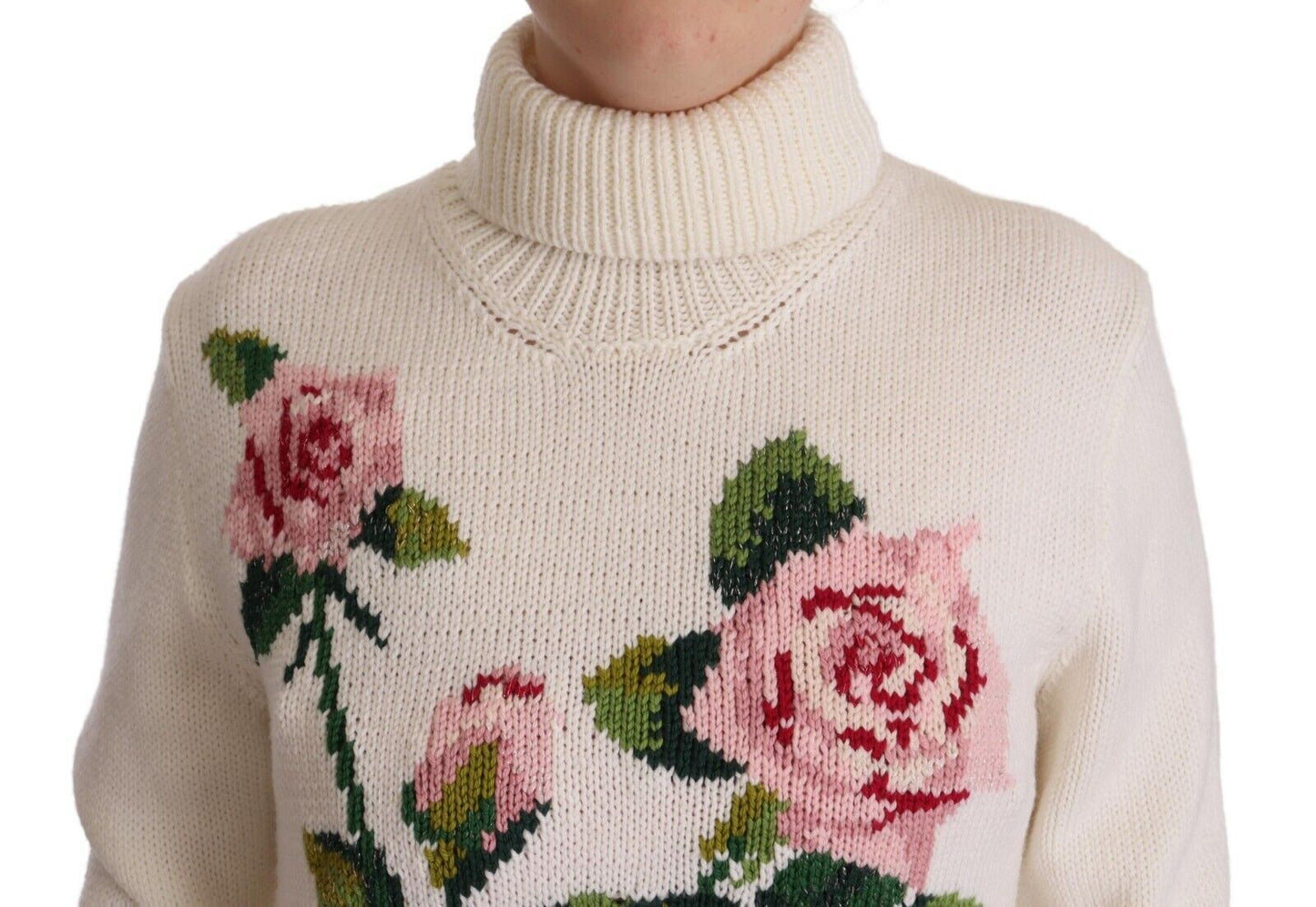 Dolce & Gabbana White Floral Knitted Turtle Neck Pullover Sweater