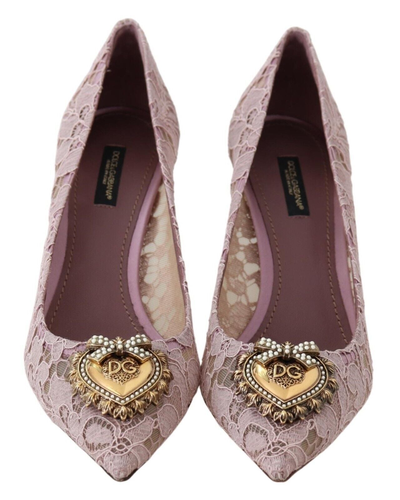 Dolce & Gabbana Elegant Pink Lace Heels with Heart Embellishment