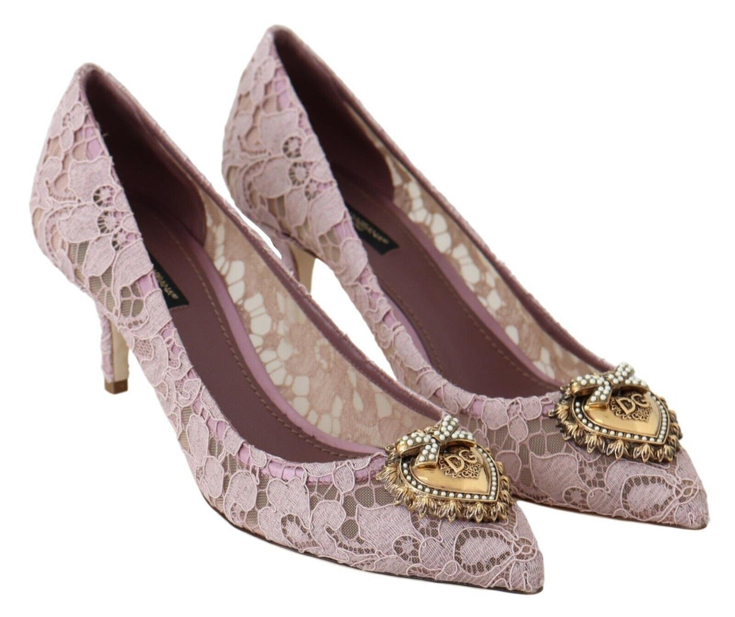 Dolce & Gabbana Elegant Pink Lace Heels with Heart Embellishment