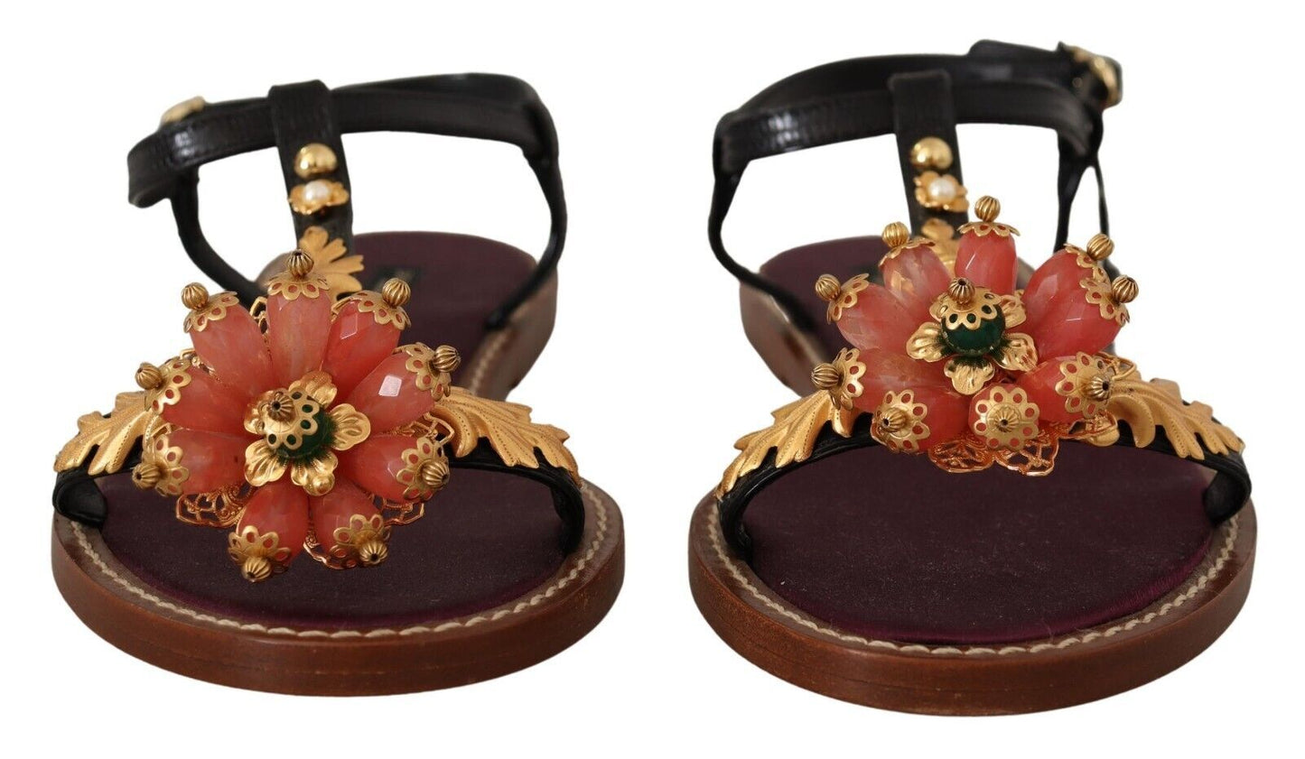 Dolce & Gabbana Embroidered Flat Leather Sandals