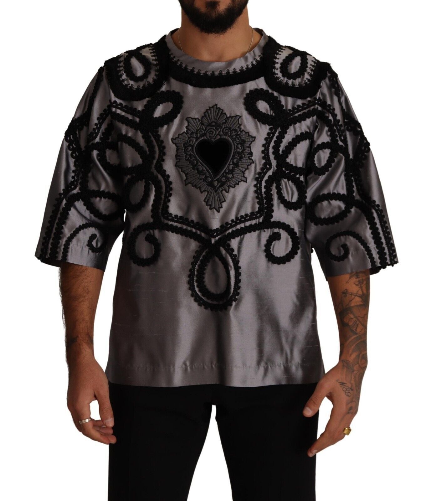 Dolce & Gabbana Silk Crew Neck Tee with Sacred Heart Embroidery