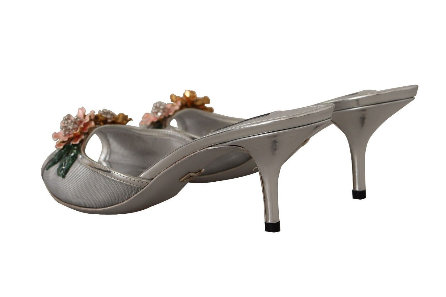 Dolce & Gabbana Elegant Silver Floral Kitten Heel Sandals