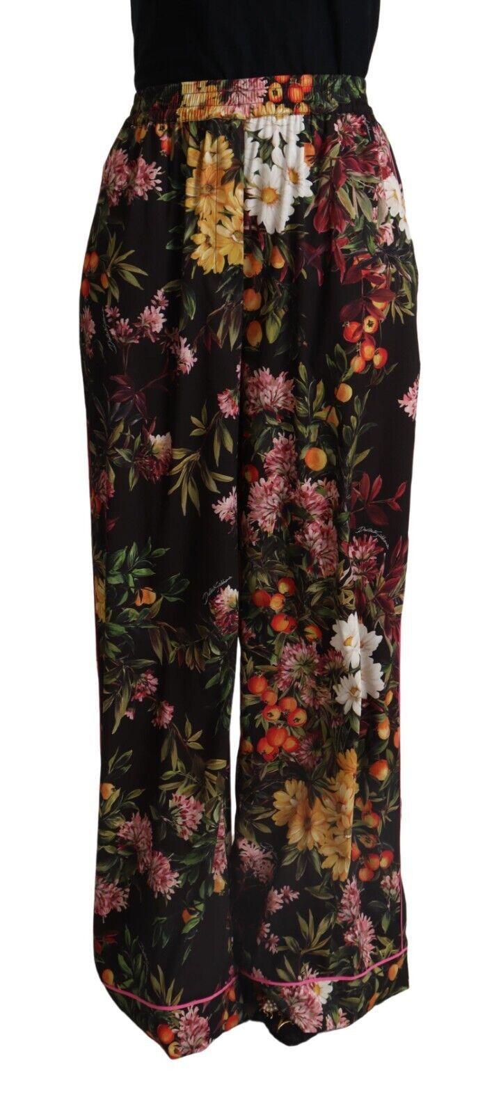 Dolce & Gabbana Black Floral Mid Waist Trouser Wide Leg Pants